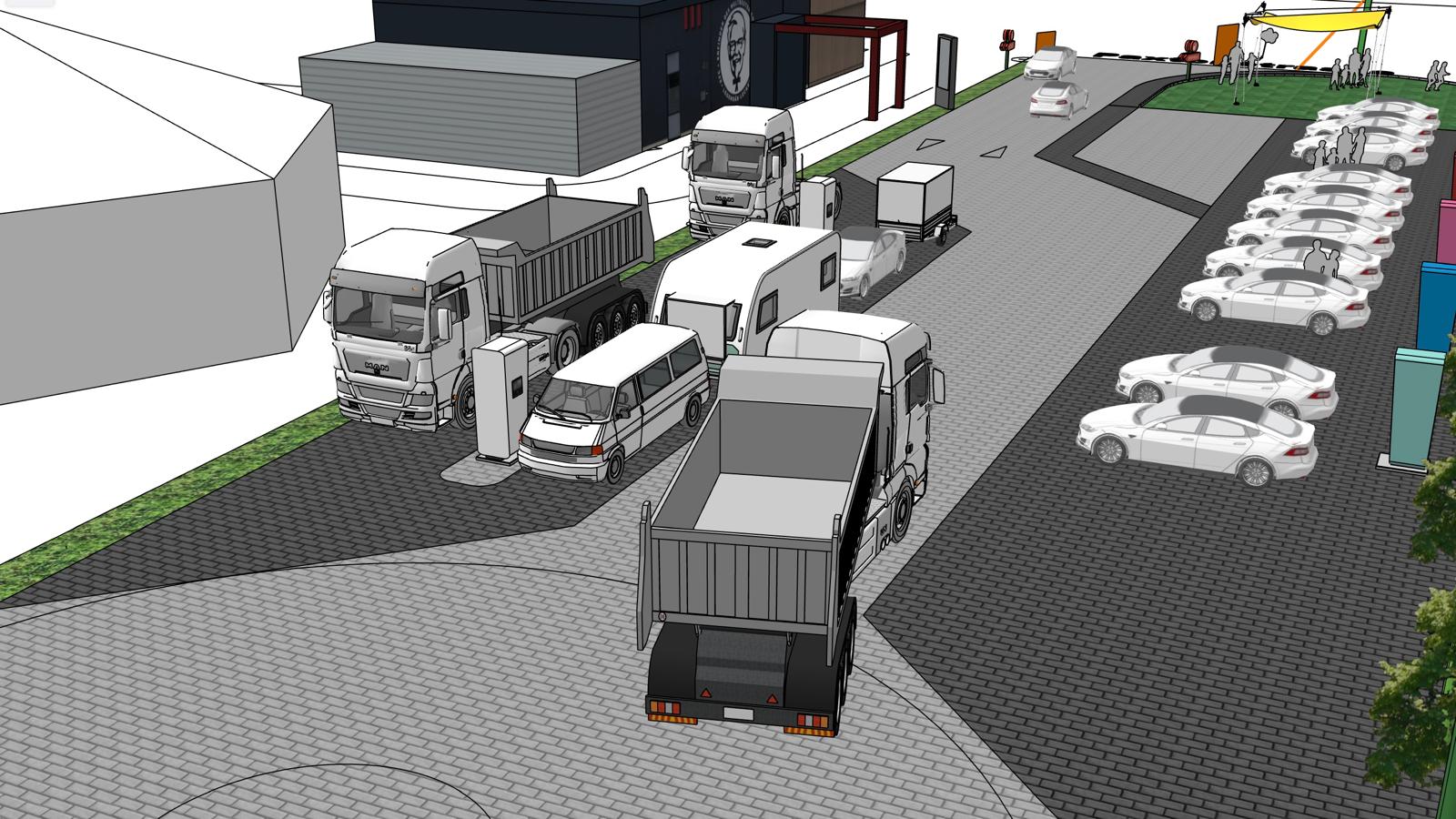 Skizze LKW Ladebereich mit Sattelzügen und PKW Tesla